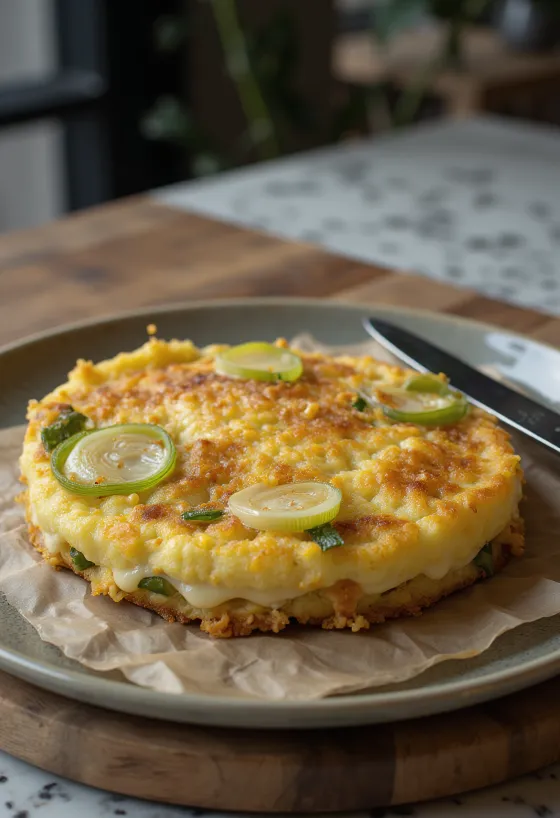 Präbiotischer Lauch-Quark-Auflauf, serviert mit frischem Lauch und Quark