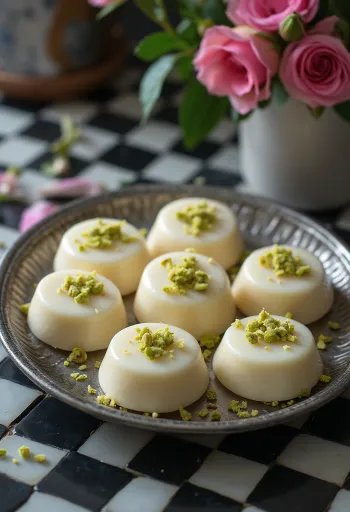 Sandesh mit Pistazien, serviert mit frischem Koriander dekoriert