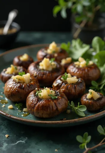 Knusprig gebratene Champignons mit Kräutern und Knoblauch gewürzt auf weißem Teller.
