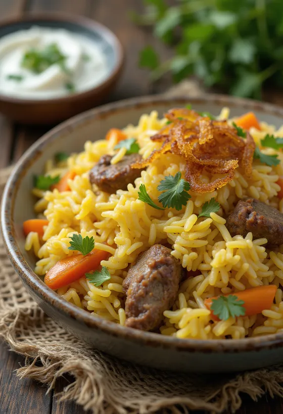 Lamm-Biryani mit Gemüse, reichhaltiger Gewürzreis und zartes Lammfleisch