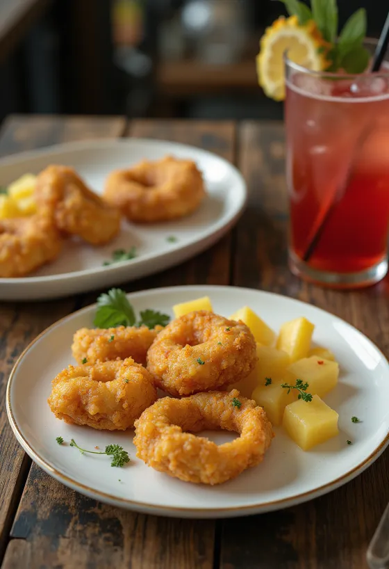 Acarajé mit Ananas serviert, würzige Bohnenbällchen mit frischer Ananas