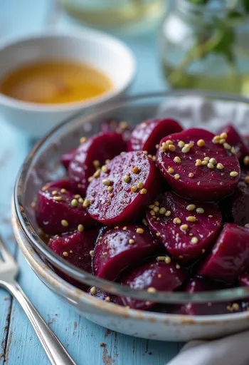 Rote-Bete-Salat serviert mit frischem Gemüse und Balsamico-Dressing