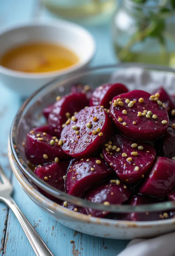 Rote-Bete-Salat serviert mit frischem Gemüse und Balsamico-Dressing