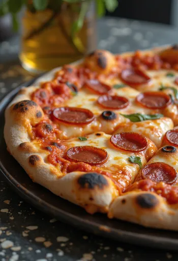 Pizza mit Räucherkäse und Pepperoni frisch gebacken