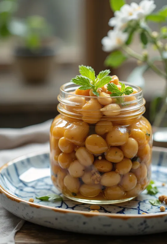 Würzig eingelegtes Natto im Glas