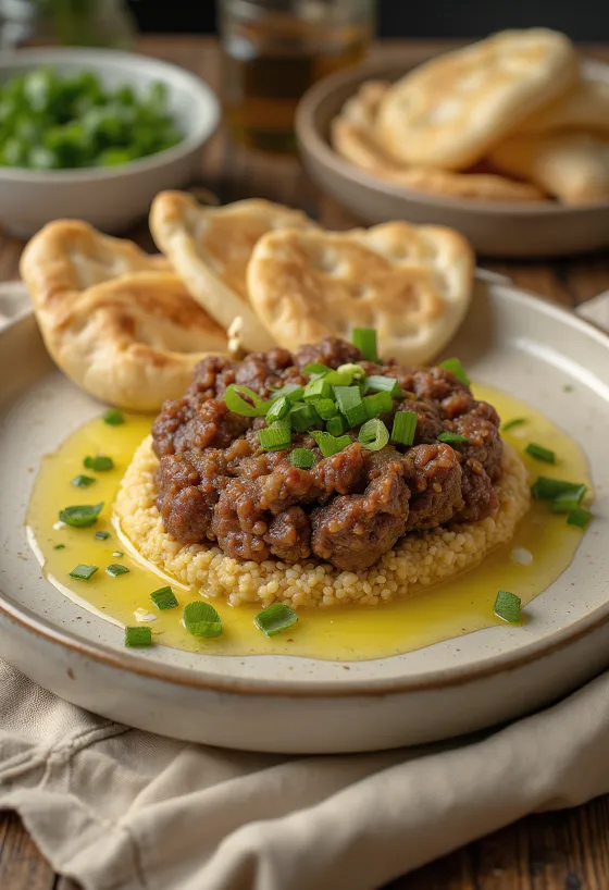 Kibbeh Nayyeh serviert mit frischem Pitabrot und Granatapfelkernen