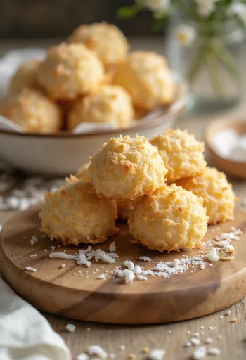 Kokoskekse, goldbraun gebacken und mit Kokosraspeln