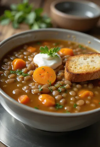 Traditionelle Linsensuppe mit Möhren, Kartoffeln und Lorbeerblatt servierfertig.