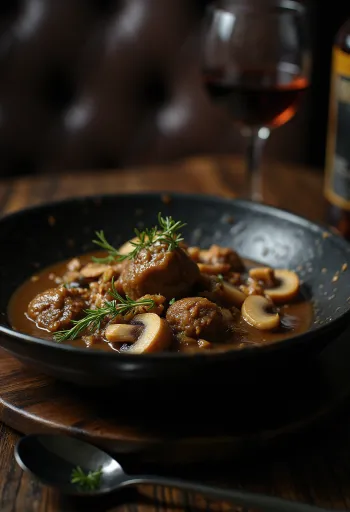 Nihari mit Pilzen serviert, reichhaltiges Fleisch- und Gewürzragout