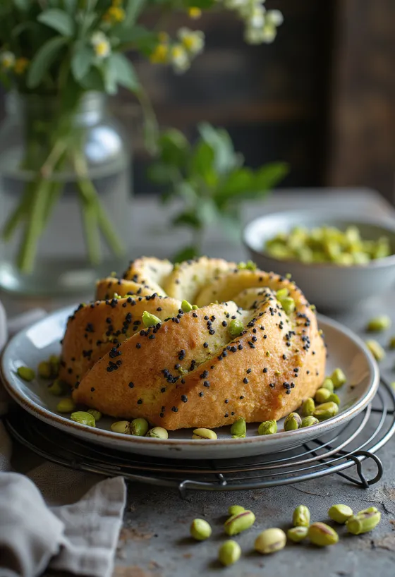 Servierte Pistazien-Mohn-Torte
