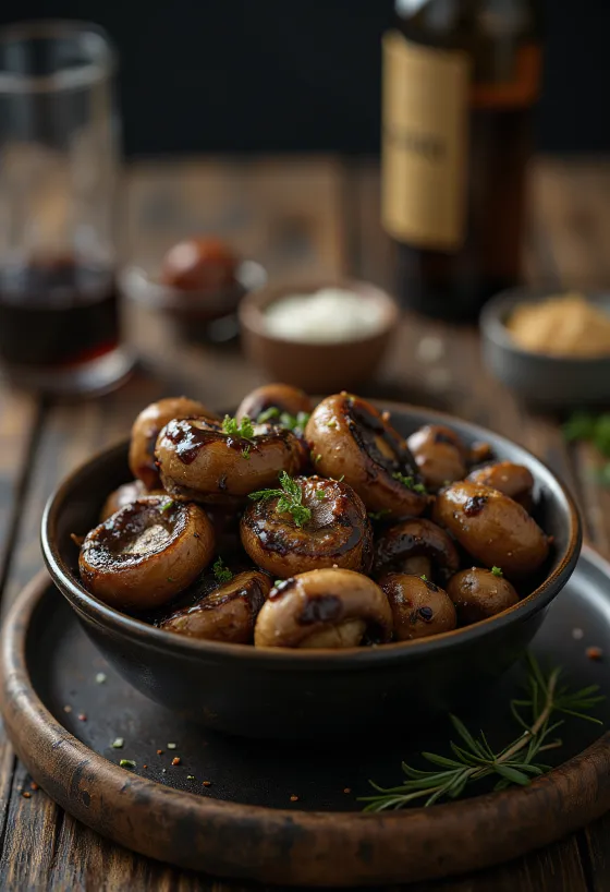 Gebratene Champignons in Balsamico-Marinade serviert