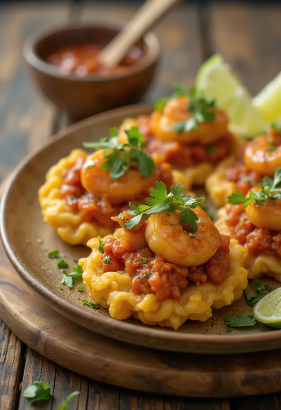 Acarajé mit Garnelen und schwarzen Bohnen, als goldbraun frittierte Bällchen serviert