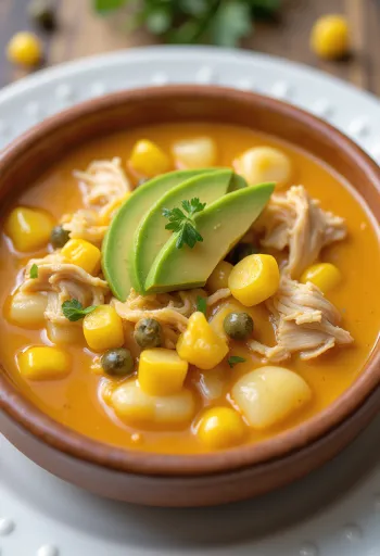 Ajiaco Suppe mit Hähnchen serviert