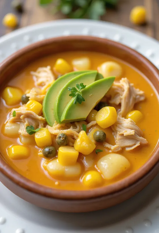 Ajiaco Suppe mit Hähnchen serviert