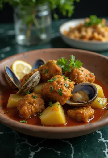 Serviertes Carne de Porco à Alentejana - portugiesisches Gericht