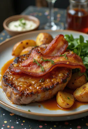 Zigeunerbraten serviert mit knusprigen Speckstreifen und frischem Gemüse