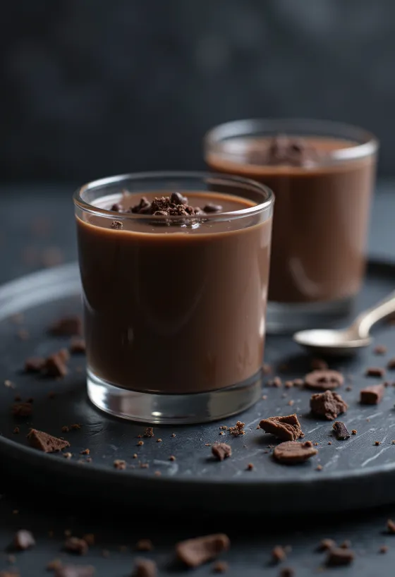 Schokoladen-Panna Cotta verziert mit Beerenfrüchten und Schokoraspeln