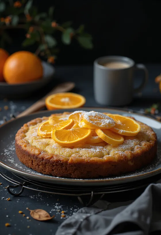 Würziger Orangenkuchen serviert mit Puderz und Orangenschale