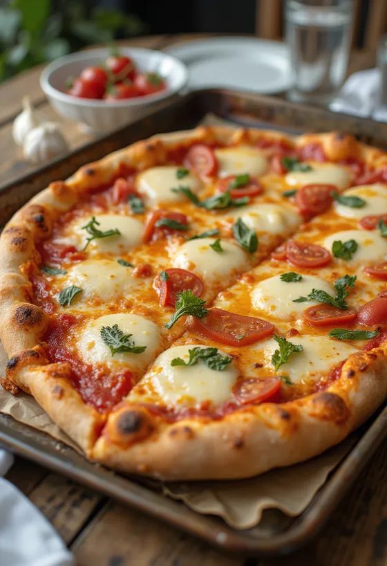 Grandma Pizza rechteckig mit Tomatensoße und Käse