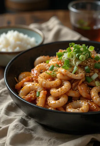 Osam-Bulgogi, ein würziges Gericht aus Tintenfisch und Schweinefleisch, mit frischen Frühlingszwiebeln