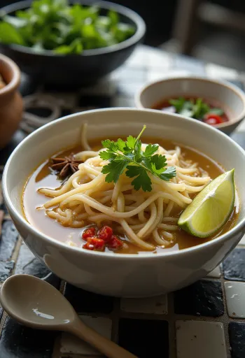 Pho Süß-Sauer, serviert in einer Schale mit Reisnudeln, frischem Koriander und Limettenscheiben