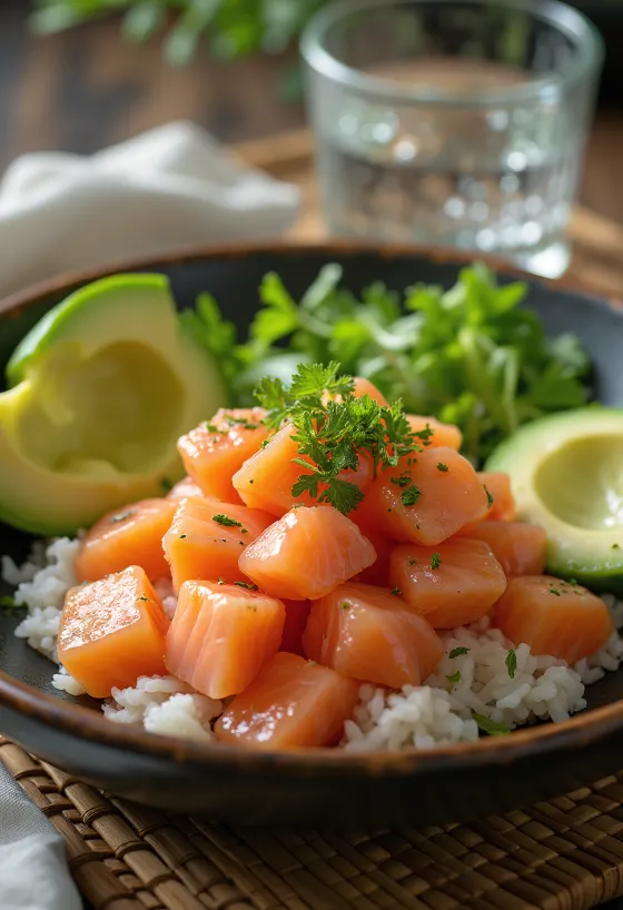 Lachs-Poké Bowl mit Avocadowürfeln und Gurkenscheiben