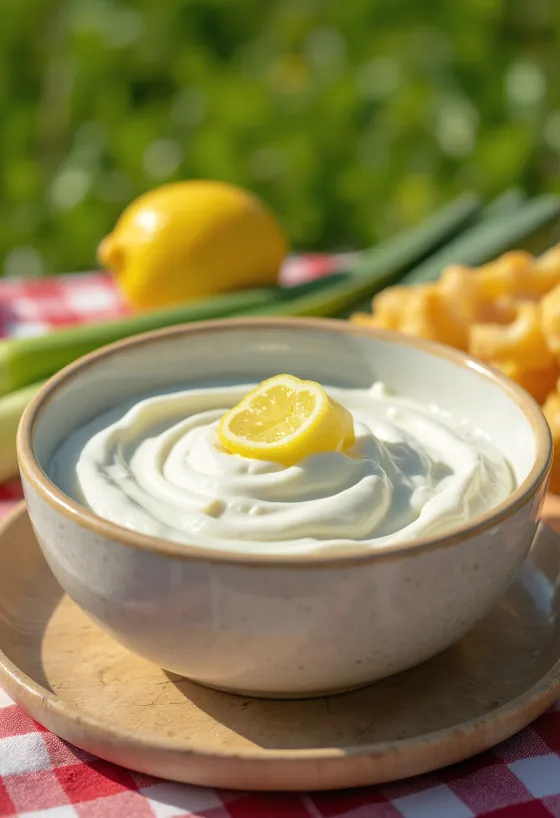 Probiotischer Joghurt mit Zitrone und Lauch, im Glas serviert, garniert mit Zitronenschale und Lauchringen
