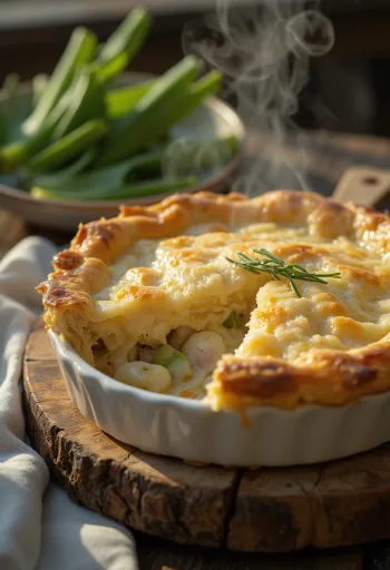 Kaninchen-Lauch-Pie serviert in einer rustikalen Schale mit goldbraunem Blätterteig.