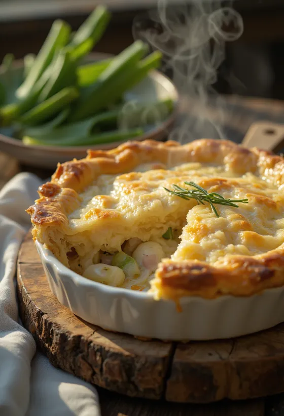 Kaninchen-Lauch-Pie serviert in einer rustikalen Schale mit goldbraunem Blätterteig.