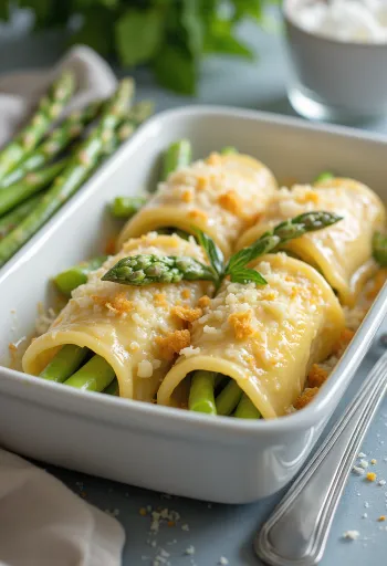 Cannelloni mit grünem Spargel und Ricotta servierfertig