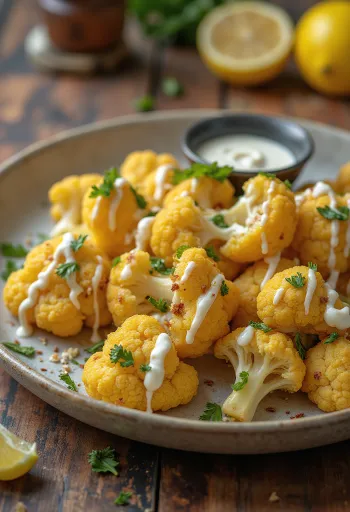 Röstblumenkohl mit Zitronen-Tahini-Sauce serviert