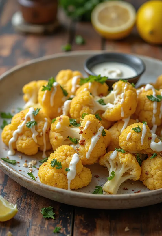 Röstblumenkohl mit Zitronen-Tahini-Sauce serviert