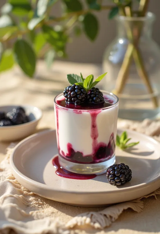 Brombeer-Panna Cotta serviert