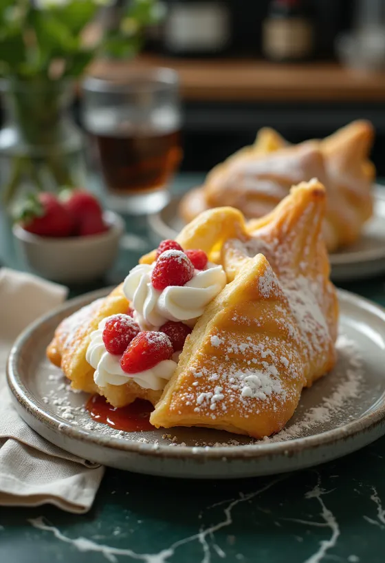Taiyaki mit Schlagsahne und frischen Früchten serviert