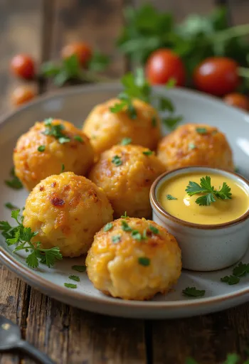 Acarajé mit Senfsauce, Bällchen aus schwarzen Bohnen garniert mit Koriander und Dip
