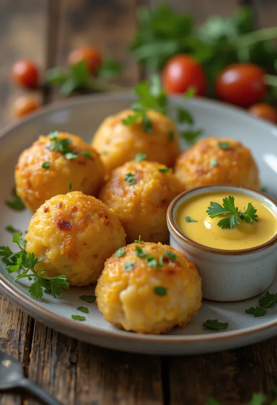 Acarajé mit Senfsauce, Bällchen aus schwarzen Bohnen garniert mit Koriander und Dip
