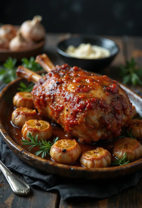 Lammbraten mit Ajvar, serviert mit Petersilie und Bratkartoffeln