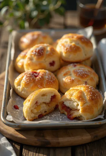 Weiche Buchteln mit Marmelade, mit Puderzucker bestreut, auf einem Tablett serviert
