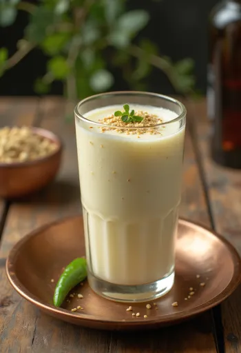 Masala Lassi, garniert mit frischem Koriander, ein würziges Joghurtgetränk