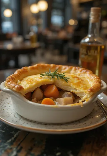 Kaninchen-Pie mit Wurzelgemüse serviert mit frischem Salat.