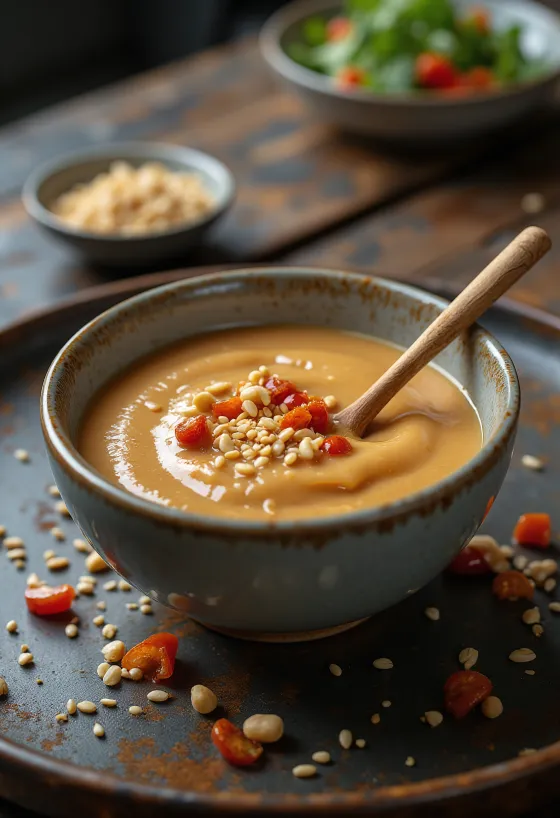 Sesam-Erdnuss-Sauce serviert mit Frühlingsrollen
