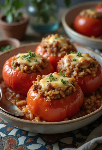 Gefüllte Tomaten bestreut mit frischen Kräutern und Käse