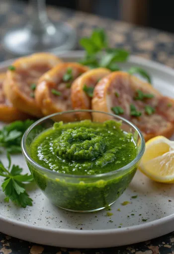 Chimichurri-Sauce serviert zu Grillfleisch