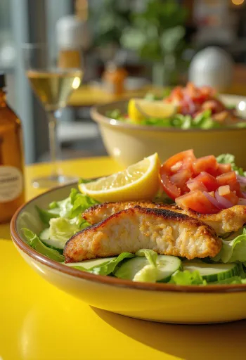 Frischer Hähnchensalat mit knackigem Gemüse und gegrillter Hähnchenbrust, Balsamico-Dressing.