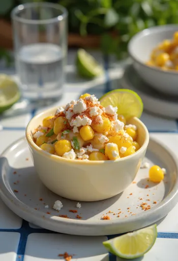 Esquites mit Feta und Koriander serviert, verfeinert mit frischer Limette