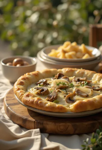 Focaccia mit cremigen Knoblauch-Pilzen auf einem Teller