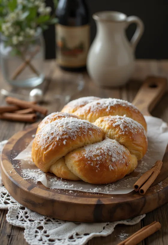 Kanelstang mit Puderzucker, frisch gebackener Zimtkuchen