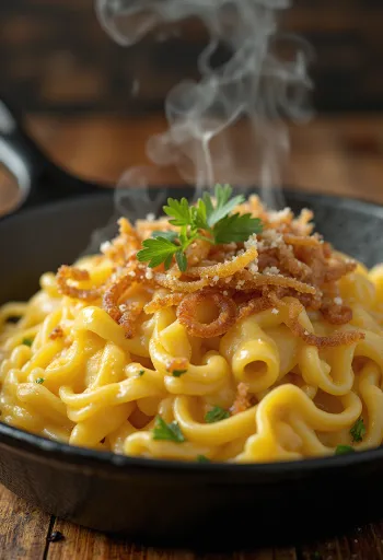 Käsespätzle, österreichische Käsenuudeln mit Räucherschinken und Röstzwiebeln