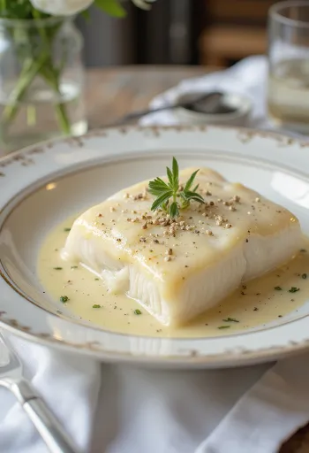 Lutefisk in Sahnesauce, serviert mit frischer Petersilie