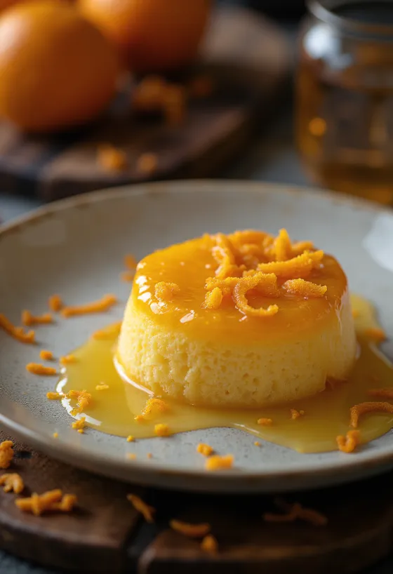 Malva Pudding mit Orange, garniert mit Orangenmarmelade und Orangenscheiben